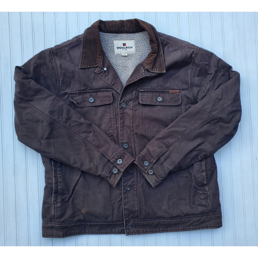 Woolrich Mens XL Brown Canvas Sherpa Lined Work Jacket Corduroy Collar Vintage